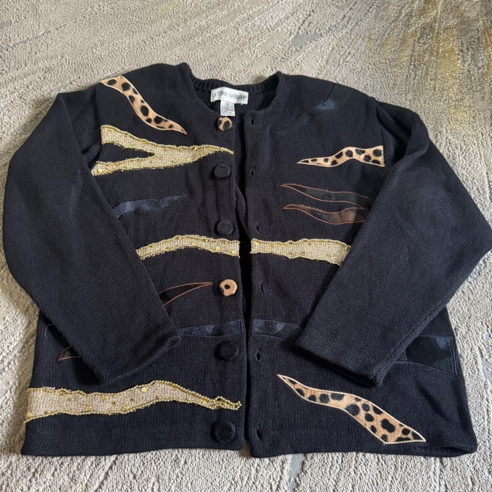 Vintage 90s Black cardigan sweater Animal Print Patchwork gold brown large